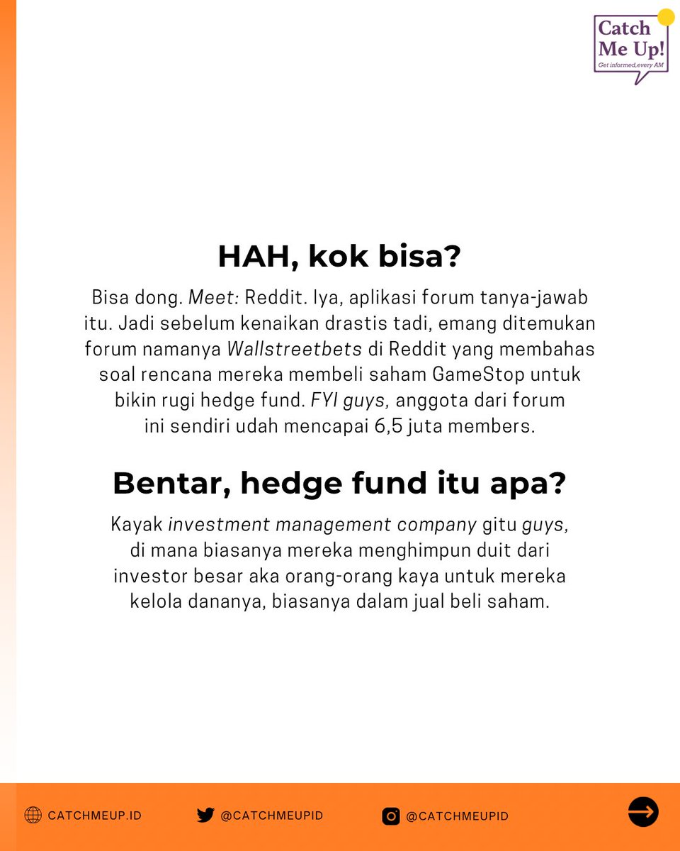 catchmeupco's tweet photo. GameStop jadi hot gossip di dunia setelah menjungkirbalikkan prediksi dan nilai perdagangan saham yang membuat Wall Street kusut. 

Juga disebut-sebut soal Robinhood dan situs media sosial Reddit yang ikut terlibat. 

Begini ceritanya.. https://t.co/so24PiMVoJ