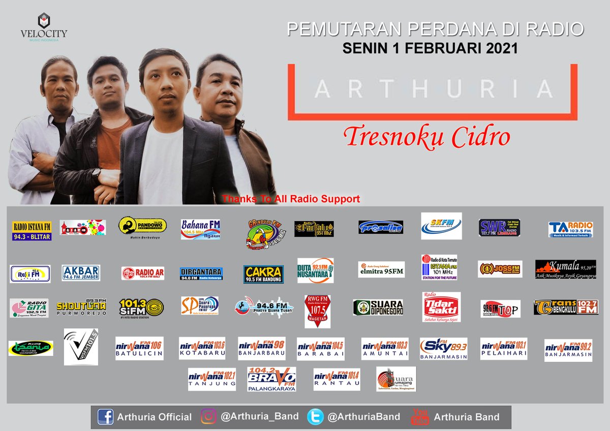 SwaramudaBDG's tweet photo. #Today #PemutaranSerentakRadio 

Artis :@ArthuriaBand 

Single :Tresnoku Cidro

Jam : 16.10 WIB

cc:@ArthuriaBand @Athuria_Band 
@Velocitymusicid @jalankarmel114 https://t.co/siNZoROSEi