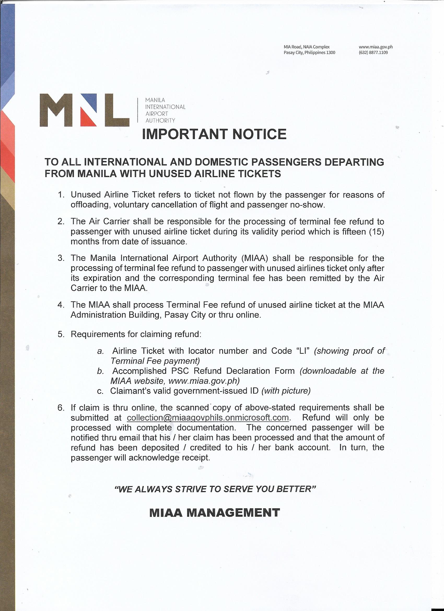 Naia On Twitter Important Notice To All Passengers Departing From Manila With Unused Airline Tickets Here Is The Process For Claiming Your Terminal Fee Refund Https T Co 4geu0knhu4 Twitter