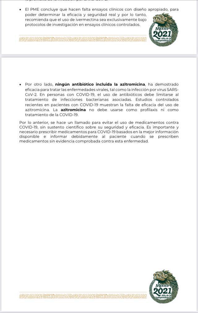 La Coordinación de Institutos Nacionales y la Secretaría de Salud de México recomiendan que NO se use Azitromicina o Ivermectina en el manejo de pacientes con Covid-19.