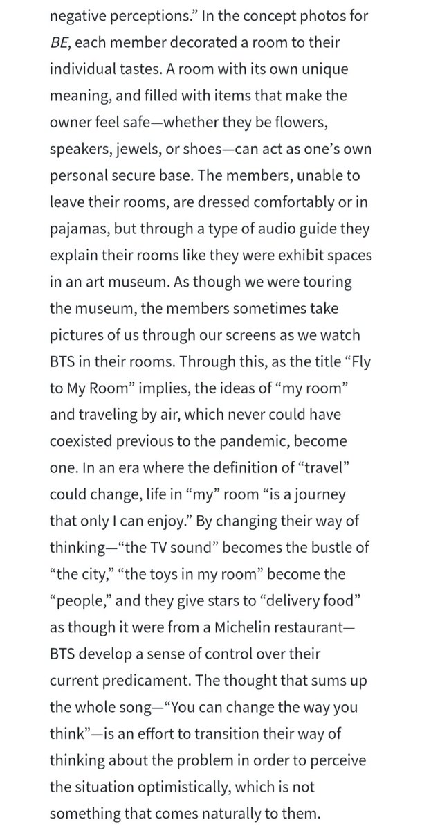BTSPressData's tweet photo. “[In Fly to my room] BTS develop a sense of control over their current predicament. “You can change the way you think” — is an effort to transition their way of thinking about the problem in order to perceive the situation optimistically, which doesn't come naturally to them.” https://t.co/KvBfjIH9Hj
