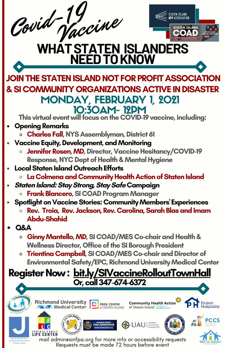NonprofitSI's tweet photo. Join us & our #SICOAD for a virtual public town town hall "COVID-19 Vaccine: What Staten Islanders Need To Know" on Monday, February 1st 10:30AM-12PM. #StatenIsland #SINY #townhall #vaccines #nyc #free #sistaystrongstaysafe #VirtualEvents Register Now: https://t.co/YtJ01NeQ9k https://t.co/XlFga0UrOa