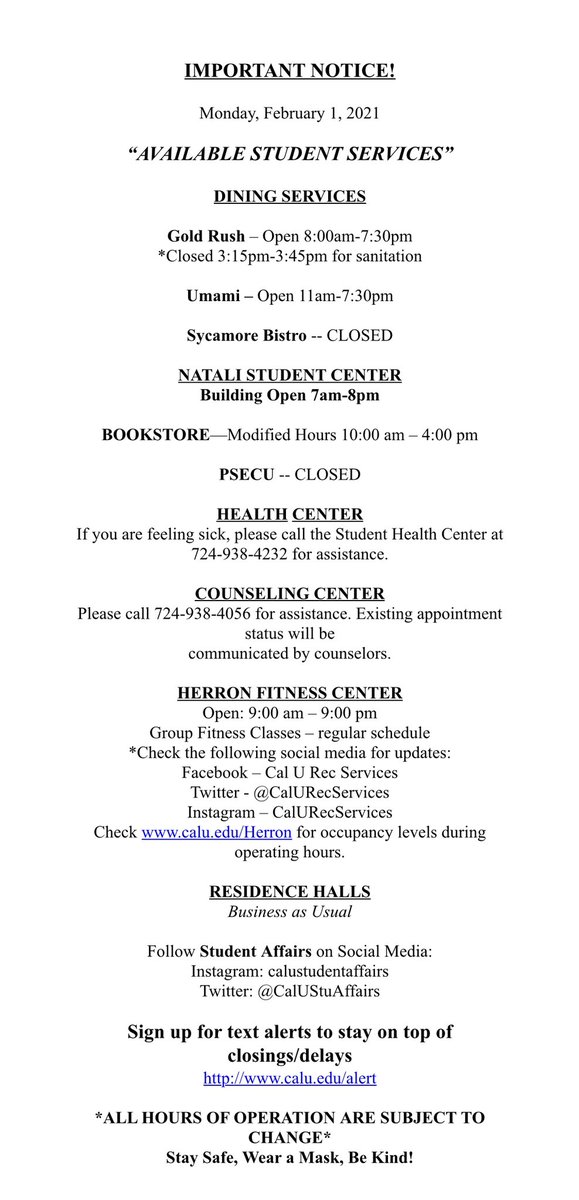 Available student services for Monday, February 1, 2021.