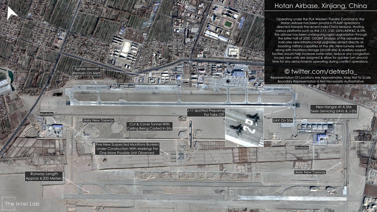 detresfa_'s tweet image. Pivotal in supporting #China&apos;s airforce operations near #Ladakh the Hotan airbase has been undergoing infrastructural improvements aimed at boosting operational capability, summarized in this report are some of the changes seen in the last few months #TheIntelLab