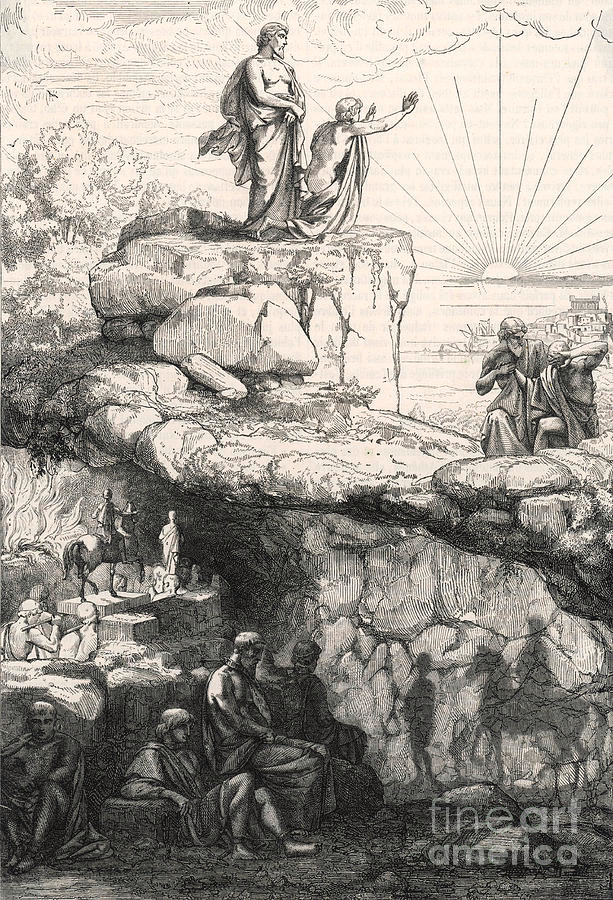 5) The Allegory discusses the plight of prisoners who know not the "above ground" reality, but merely understand their world through shadow plays on the wall, told by their captors. A story of ideas and forms.A shameful, reductionist, oversimplification, but you get the idea.