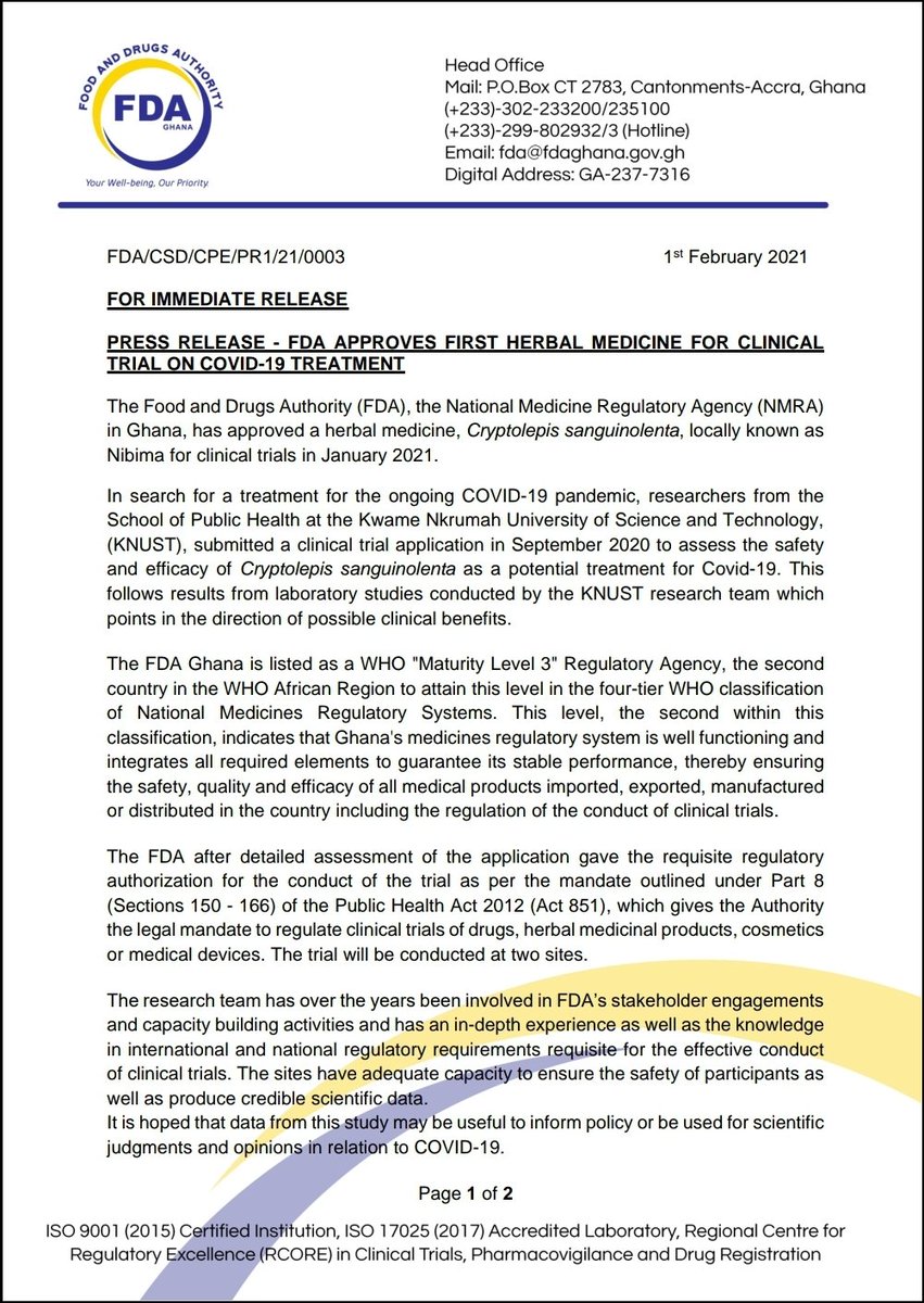 fdaghana_'s tweet photo. FDA APPROVES FIRST HERBAL MEDICINE FOR CLINICAL TRIAL ON COVID-19 TREATMENT https://t.co/QxovBF90cv