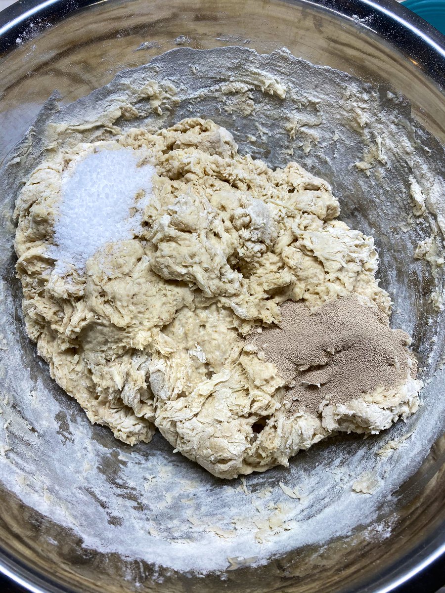 After the resting period, which YOU SHALL NOT SKIP, add the salt and yeast as shown. Salt kills microbes (which is why it’s a preservative), so while we will be mixing this, starting them at opposite corners of the cage fight will give the yeast a better shot off the line. Next->