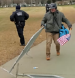 14/  #indivual4 (carrying a flag) and  #mastersarge proceed up the field. Both  #individual4 and  #MAGAretWhiteCoat help in removing barriers at the capitol steps. One more barrier remover enters:  #bluebag, who flanks police and pulls away the barrier alongside conflict point C.