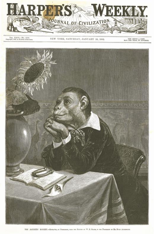 "The aesthetic monkey", featured on the cover of the New York-published Harper’s Weekly, 28 January 1882. The image is a striking satirical picture of Oscar Wilde, mocking his highly publicized lecture tour of the United States.