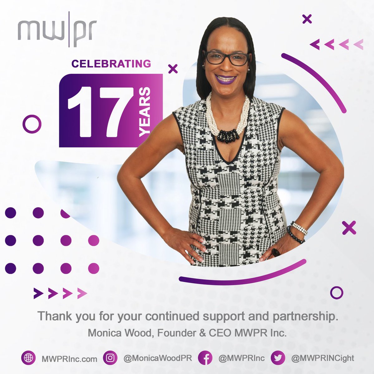 MonicaWoodPR's tweet image. Join me in toasting 🥂 17 years of “elevating your message”. #happyanniversary #mwprtips