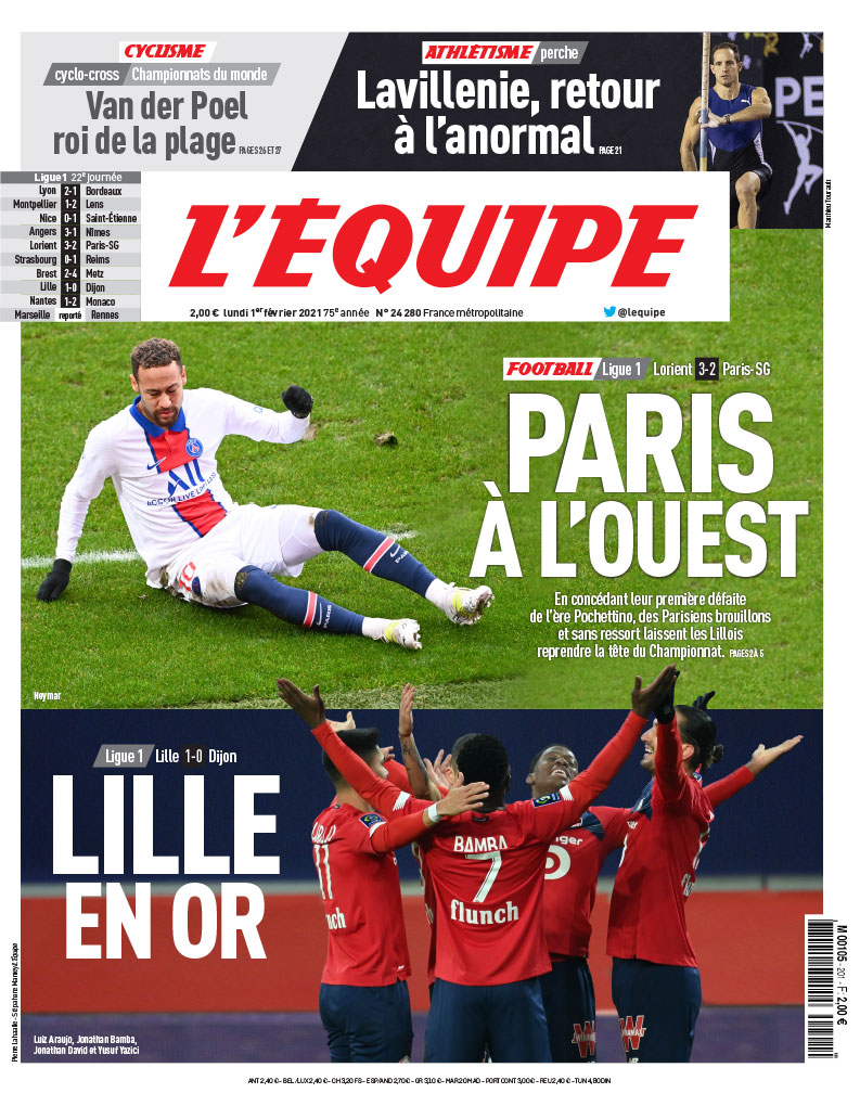 Voici la une du journal L'Équipe du lundi 1er février 2021 > ow.ly/EaOa50Di1yi