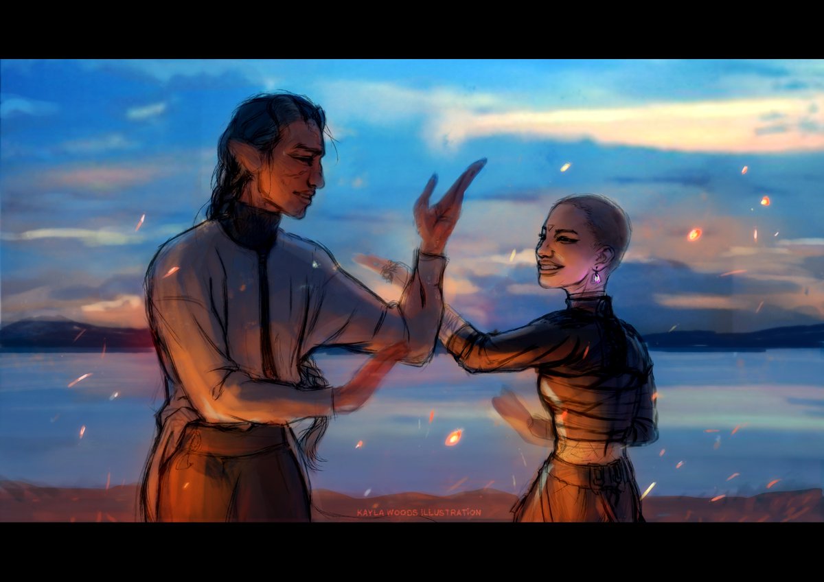 problemodog's tweet photo. Work in progress! Nadir and Kiyoko dancing together, after a very heavy day.. #dnd #dndart #tiefling #monk https://t.co/3fHWA2PlJc