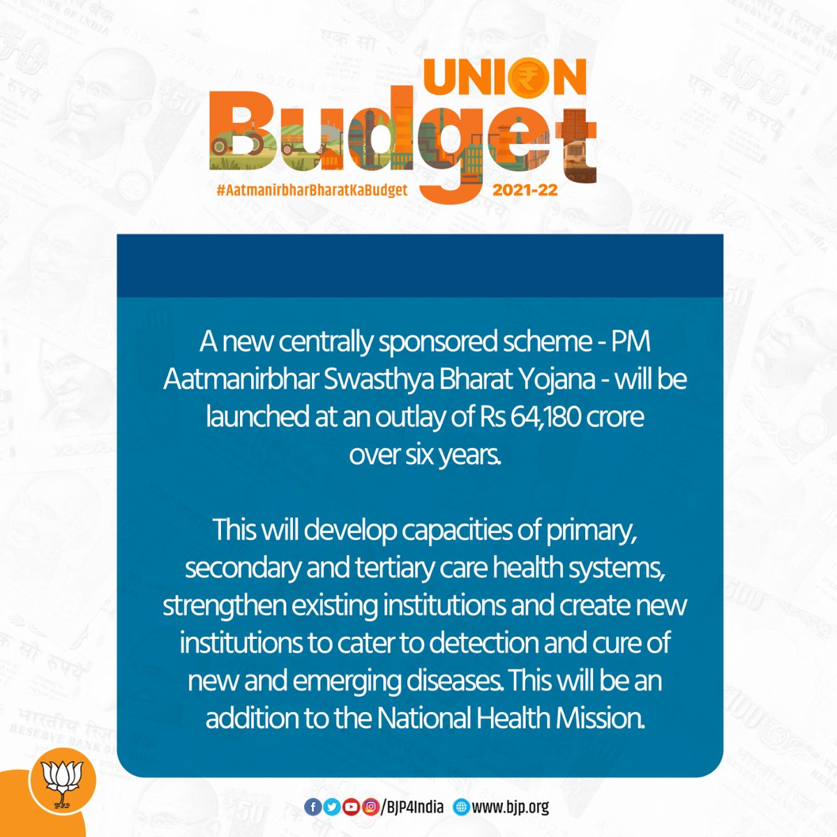 BJP4India's tweet photo. A new centrally sponsored scheme - PM Aatmanirbhar Swasthya Bharat Yojana - will be launched at an outlay of Rs 64,180 crore over six years.

#AatmanirbharBharatKaBudget https://t.co/V90Am0zmL5