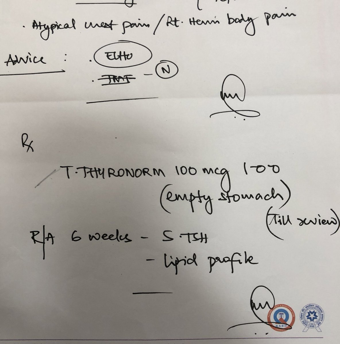 Started on Thyroxine replacement 100mcg per day. Asked to repeat Lipids and TSH after 6 weeks. Didn't start statins as there was a correctable cause - low thyroid function in this case.  #LowMetabolism