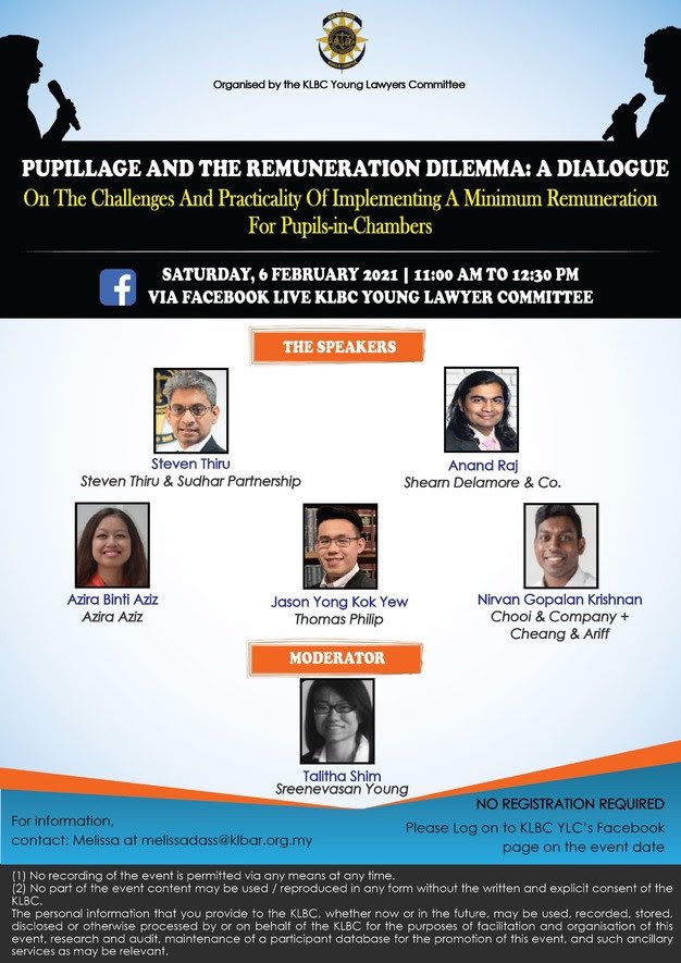 klbcylc's tweet photo. Join us on our Facebook page this Saturday, 11am for a dialogue on minimum remuneration for Pupils.

#minimumremuneration #pupillage #pupils #younglawyers #klbarcommittee #klylc2021 https://t.co/y1T76loVTk
