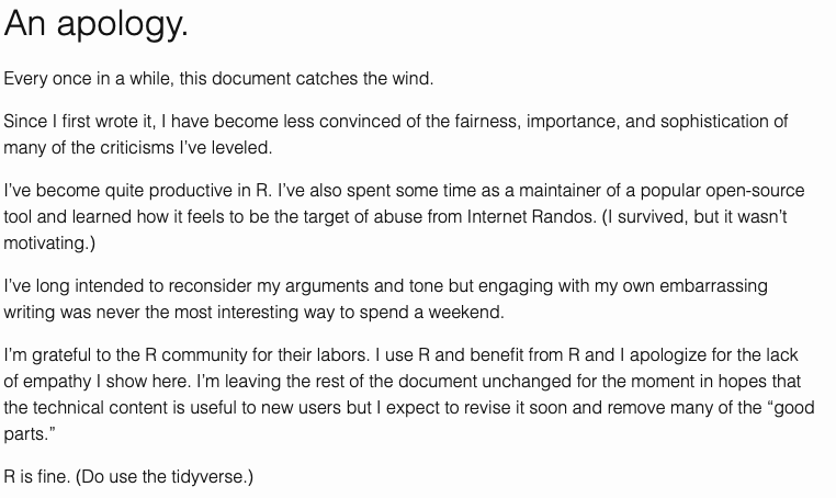 hj_whiterabbit's tweet photo. aRrgh: a newcomer's (angry) guide to R! The site greeting note inadvertently serves as a wonderful exposition on the metamorphosis from frustrated noob to coder #CodingInR #RStats #CodingTwitter #RIsFine #Feelings "Do use the tidy verse"🤣🤣 #WomenWhoCode
https://t.co/ol6OFurZwC https://t.co/rPFMTz0Wnu