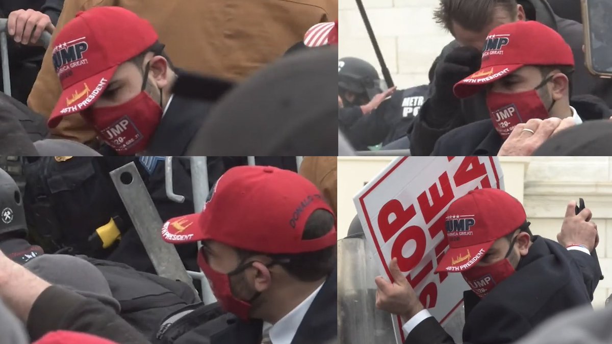 This insurrectionist in the Red Trump Hat used a chemical irritant on several police officers. Still Photos  @FBIWFO  #FindThatLawBreaker