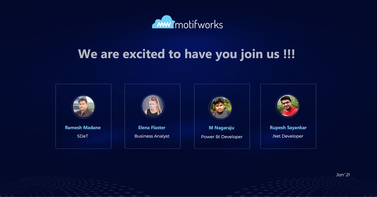 We extend a warm welcome to our newest members – Ramesh Madane, Elena Flaster, M Nagaraju, and Rupesh Sayankar.

We wish you all the very best for your new stint with our #AzureSmart team.

Explore Life@Motifworks here: bit.ly/2oZZ4SU

#TeamMotifworks #DreamTeam