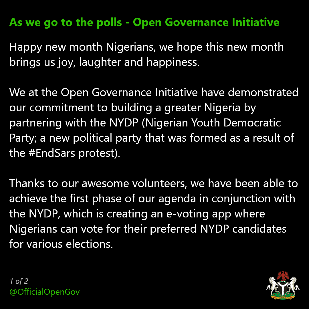 OfficialOpenGov's tweet photo. Open message from us to you 💚🇳🇬

Come February 6th 2021, let's go all out to support the @NydpOfficial 

Thanks to everyone who has supported this movement, we won't keep quiet. 

We'll continue to work towards the reformation of this country.

#PowerOfTheCitizens 💪 https://t.co/5JSWxZw2rx