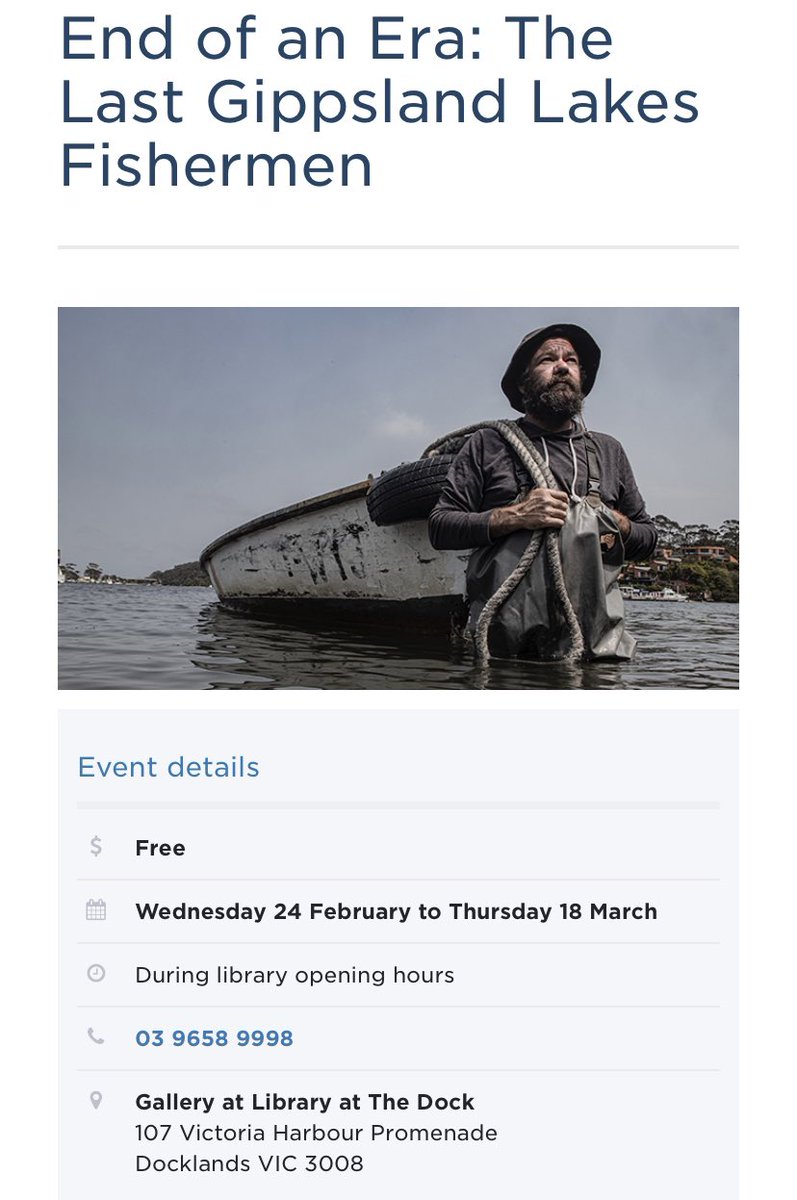 So excited to announce that our exhibition is going live on Feb 24 at #libraryatthedock - Features the photography of <a href="/leighhenningham/">leigh henningham</a> Thanks to <a href="/cityofmelbourne/">City of Melbourne</a> <a href="/nlagovau/">National Library of Australia</a> <a href="/Deakin/">Deakin University</a> <a href="/FRDCAustralia/">FRDC</a>, the Gippsland Lakes Fishermen and their families #endofanera melbourne.vic.gov.au/community/libr…