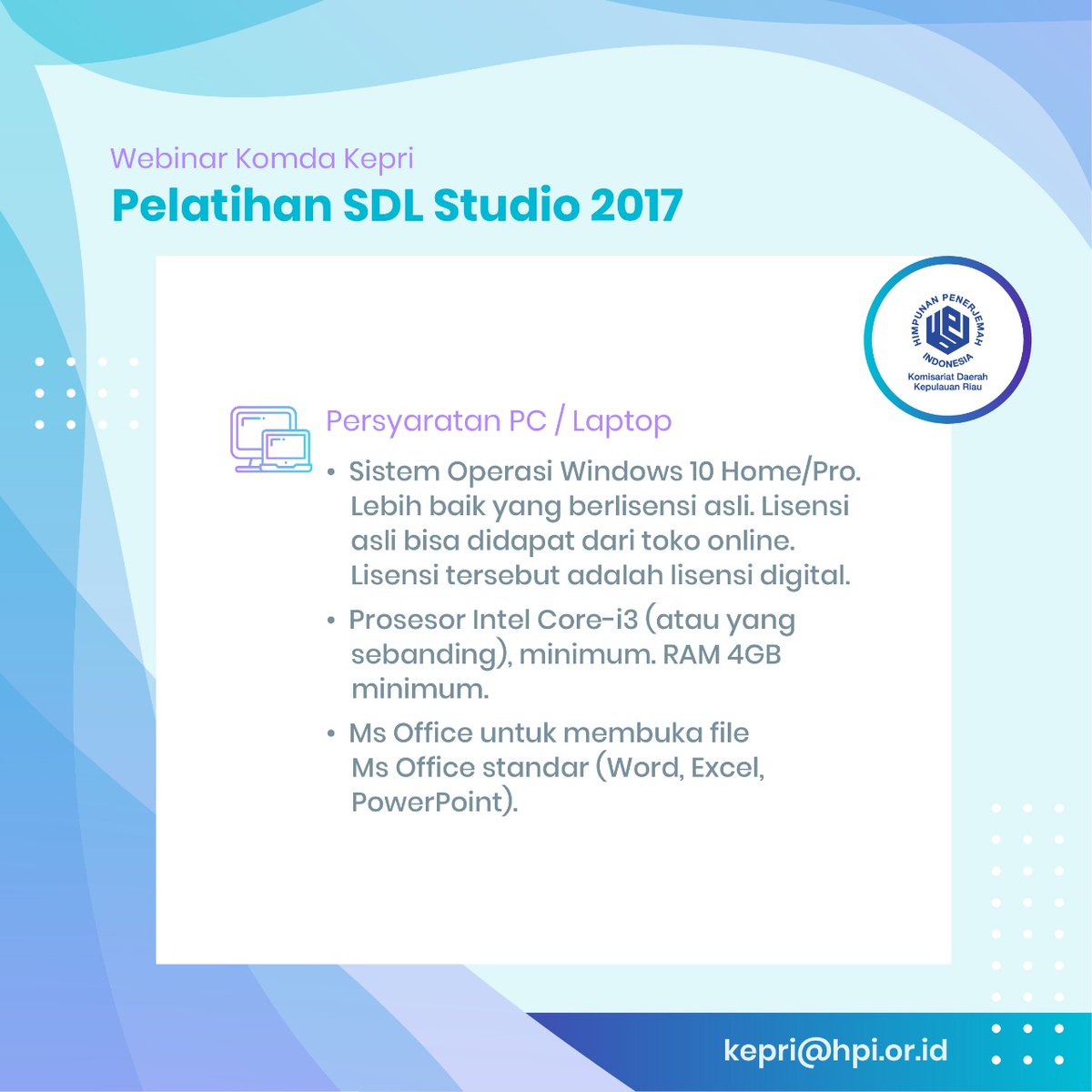 hpipusat's tweet photo. Mahir SDL Trados Studio 2017 dengan Seri Webinar HPI Komda Kepri - Ikuti tiga kelas menarik dari level dasar, menengah, hingga lanjutan. Dipandu langsung oleh pengguna mahir #SDLTradosStudio2017 https://t.co/w3sUXvZh0c #webinarHPI #HPIKomdaKepri #pelatihan #CATtool https://t.co/yhFjwEsfVR