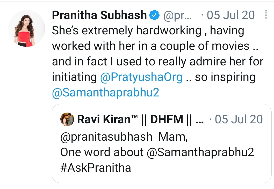  #pranitasubhash about  @samanthaprabhu2  #SamanthaAkkineni 