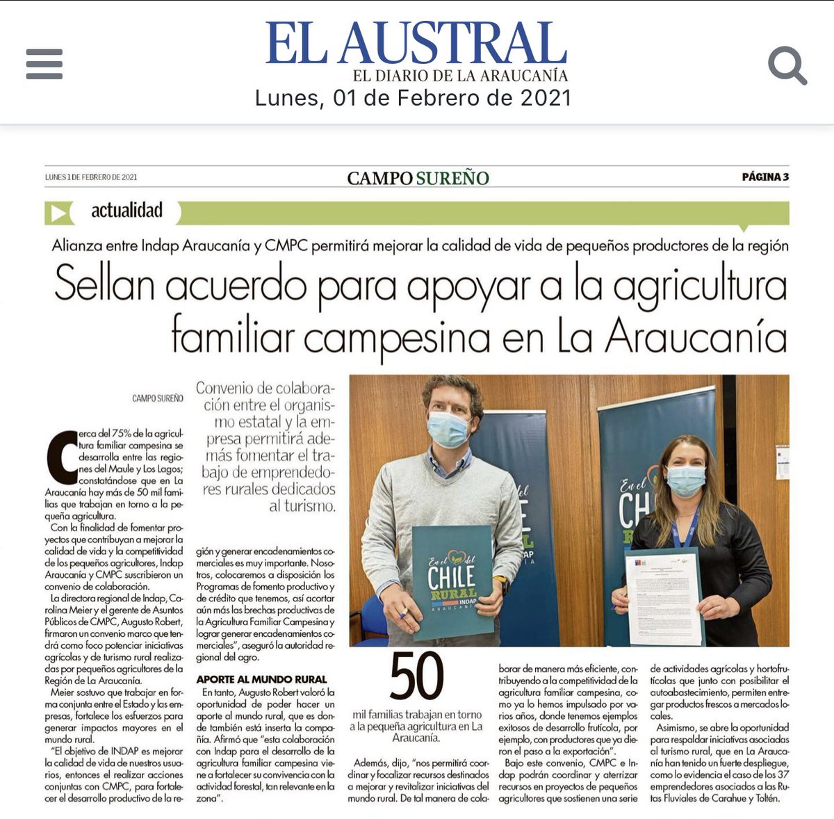 indaparaucania's tweet photo. 📰 {Prensa} Revista Campo Sureño destaca: INDAP y CMPC firman convenio para apoyar el desarrollo de la Agricultura Familiar Campesina de La #Araucanía. Más detalles acá 👇#EnElCorazónDelChileRural 🇨🇱 https://t.co/JlJyYD2ute