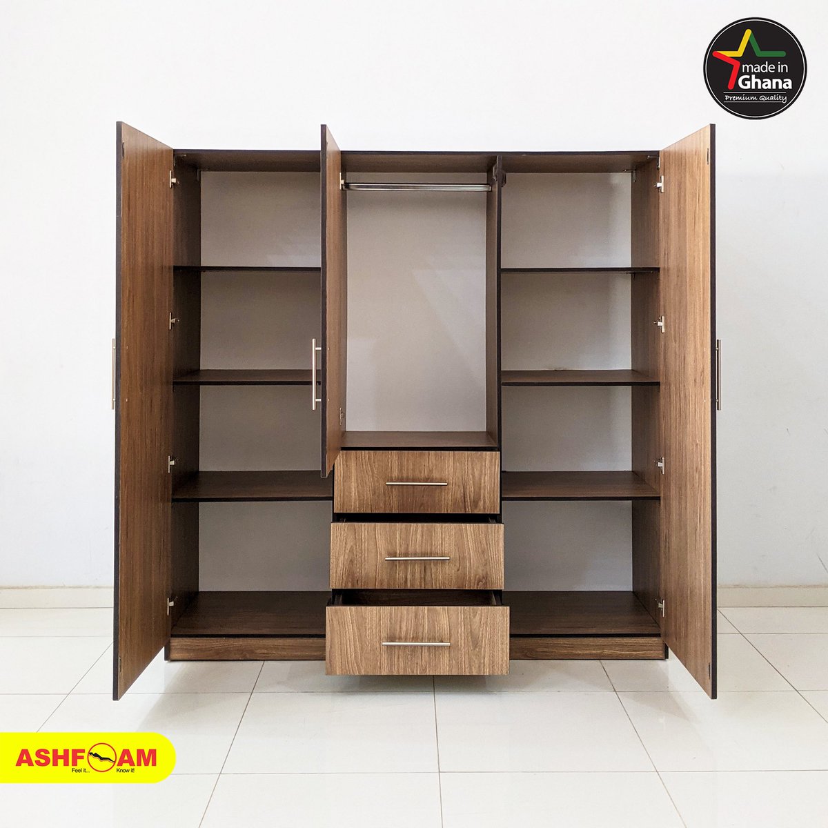 AshfoamGhana's tweet photo. Visit an Ashfoam today and get yourself a beautiful wooden 3-door, 3-drawer wardrobe with a hanging rack and several shelves to keep all your clothes and personal belongings!

#MadeInGhana #MadeByAshfoam #FeelitKnowit #bedroomideas https://t.co/FNXnRpbiwl