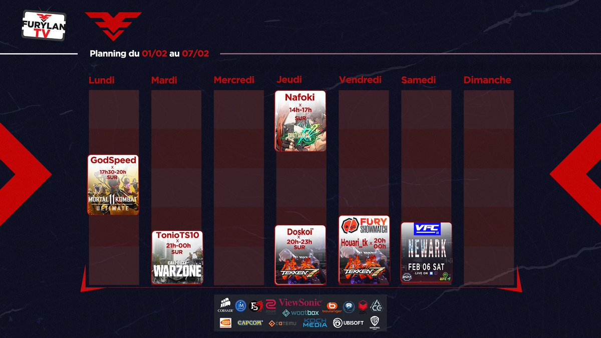 FuryVS_'s tweet photo. #WebTv [Fev] La bagarre est toujours présente en février. 

🛑 #FuryShowmatch - #Tekken7
🥊 #VFC11 - #UFC4 

🖥️ Rejoins notre WebTv
https://t.co/E5uBCHNcQX
📞 Rejoins notre commu
https://t.co/TidpBNNprt
_
#FGC #GuiltyGear #MK11 #Warzone @FightSessions @esports_fight https://t.co/vJFNn7NScO