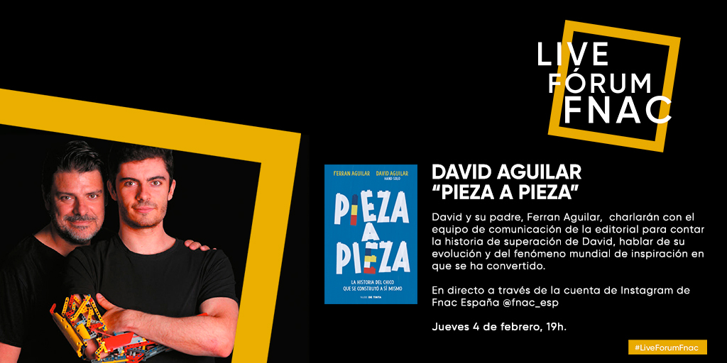 Fnac_ESP's tweet image. 📢¡Este martes #LiveForum en directo▶ con David y Ferran Aguilar!

Charla en directo sobre la historia de superación, evolución e inspiración de David, en "Pieza a Pieza"📖

Te esperamos en directo en IG @fnac_esp, el 🗓jueves 4/2 - 19h👉 fnac.es/LIVE-FORUM-FNA…

#TodoPasaEnFnac