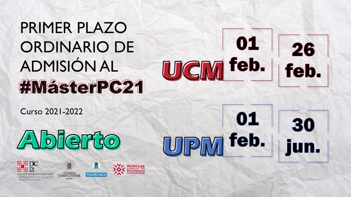 ¿Te interesa el #PatrimonioCultural y quieres aprender más sobre su gestión? Entonces apúntate a nuestro #MásterPC21 😁

Primer plazo de admisión para el curso 2021/22 #abierto:

✅ #UCM: 1 al 26 de febrero
✅ #UPM: 1 de febrero al 30 de junio

Más info 👉 bit.ly/36fAQ9x