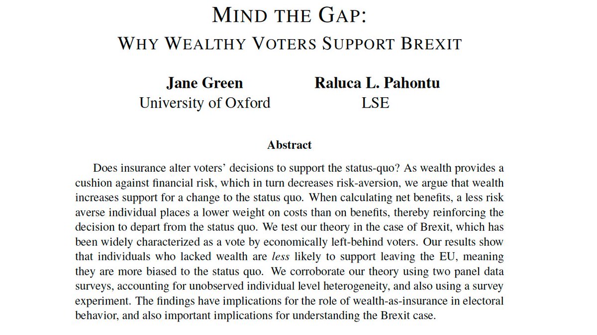  If the economy suffers with Brexit, will Leave voters care? New WP with  @ProfJaneGreen on wealth, insurance and  #Brexit. A Thread. #PoliSci