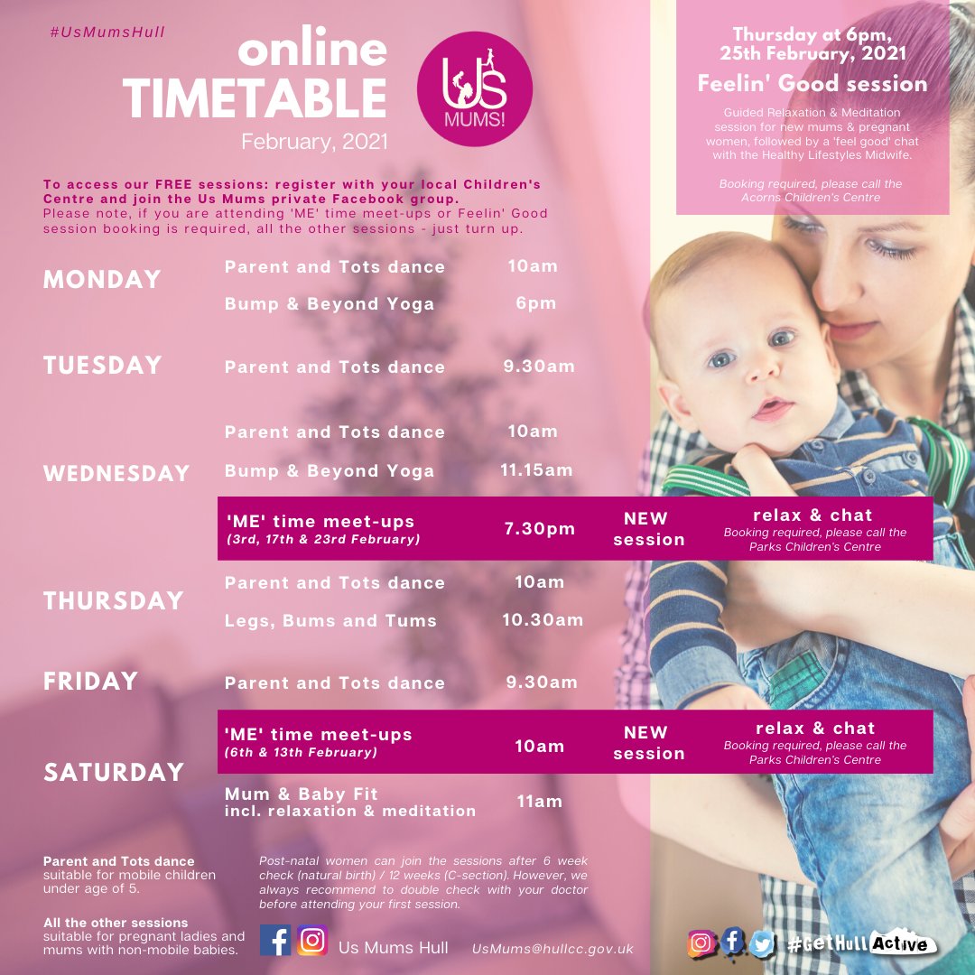 usmumshull's tweet photo. February's timetable is here! 🥳
FREE online sessions, including our brand new 'Me Time' meet-up groups for pregnant women and new mums 🤱🤰!
Join our online meet-ups to connect with other mums, chat about things that matter to you & relax over a cuppa! #UsMumsHull #GetActiveHull https://t.co/9kzjgEuaac