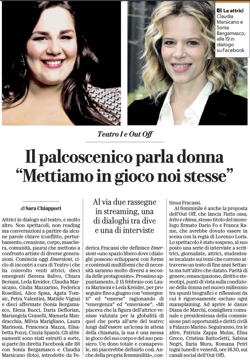 teatro_i's tweet photo. Il primo appuntamento con "#Emersioni - Dialoghi tra attrici" si avvicina!
Grazie infinite a #SaraChiappori per l'articolo su la Repubblica Milano 👇
Appuntamento a questa sera, dalle ore 19, in diretta sulla nostra Pagina #Facebook "Teatro-i Milano" https://t.co/GiqkbszDxO