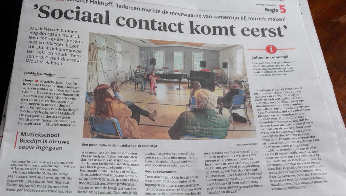 Michael van Hall (@michaelvanhall) on Twitter photo 'Je kunt wel zeggen dat Muziekschool Boedijn
(<a href="/MuziekschoolGB/">Muziekschool Boedijn</a>) dankzij de #coronacrisis de nieuwe eeuw is ingegaan’, zegt directeur @WouterHakhoff
lees meer via:
noordhollandsdagblad.nl/cnt/dmf2021013…
#Hoorn #cultuur #muziek 'Je kunt wel zeggen dat Muziekschool Boedijn
(<a href="/MuziekschoolGB/">Muziekschool Boedijn</a>) dankzij de #coronacrisis de nieuwe eeuw is ingegaan’, zegt directeur @WouterHakhoff
lees meer via:
noordhollandsdagblad.nl/cnt/dmf2021013…
#Hoorn #cultuur #muziek