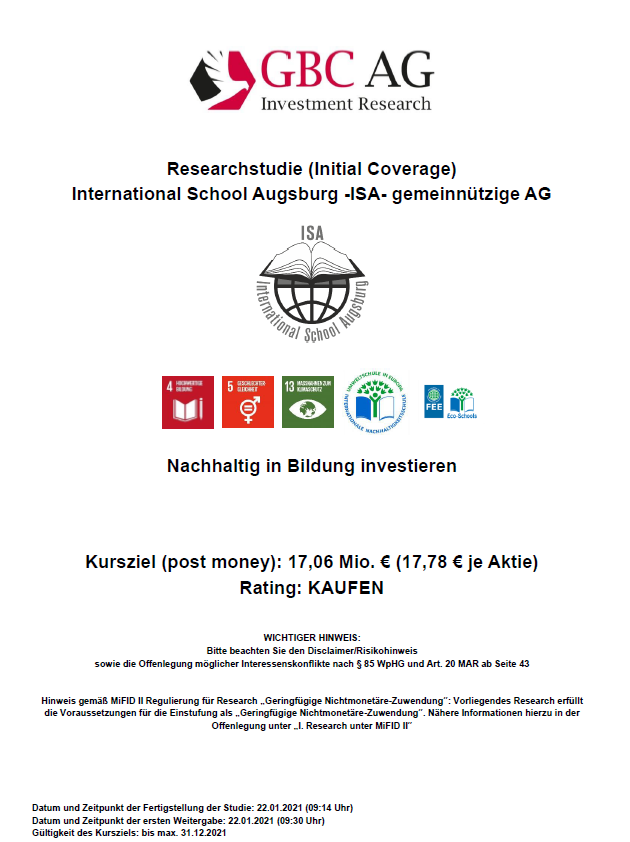 GBC_Research's tweet photo. #International School Augsburg -ISA- gemeinnützige AG #InitialCoverage Rating: Kaufen Kursziel: 17,78€ #Nachhaltig in Bildung investieren #SmallCaps #Börse #Aktie #Research #Bildung https://t.co/E2vLYianox https://t.co/IkZoV7Wbaq