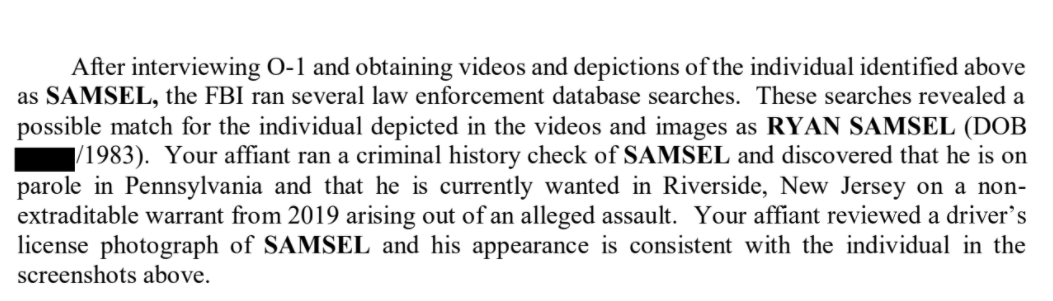 When the FBI investigated Samsel, they found he was already wanted on a assault warrant out of New Jersey.