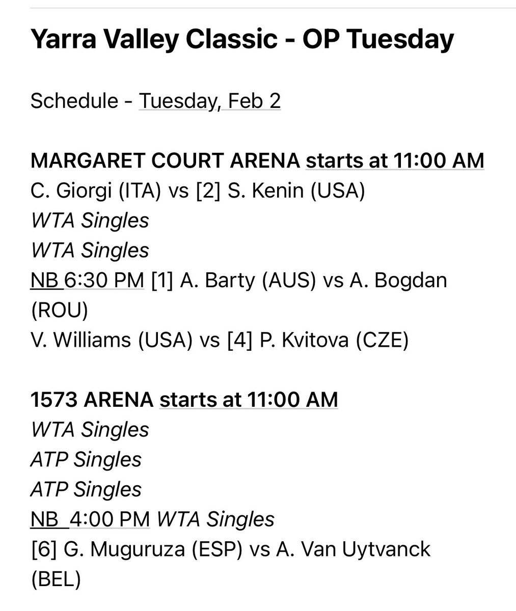Cecilia Casla (@ceciliacasla) on Twitter photo Empezamos el verano australiano...
.<a href="/GarbiMuguruza/">Garbiñe Muguruza</a> en #MelbourneWTA500
🎯 Alison Van Uytvanck 🇧🇪
👩🏻vs 👩 2-1 Muguruza
1a ✅ Bye
📆 Martes/Tuesday
🕰 7:30 am aprox en España (5o después de las 10:30am local)
🏟 1593 Arena
📺 wtatv.com Empezamos el verano australiano...
.<a href="/GarbiMuguruza/">Garbiñe Muguruza</a> en #MelbourneWTA500
🎯 Alison Van Uytvanck 🇧🇪
👩🏻vs 👩 2-1 Muguruza
1a ✅ Bye
📆 Martes/Tuesday
🕰 7:30 am aprox en España (5o después de las 10:30am local)
🏟 1593 Arena
📺 wtatv.com