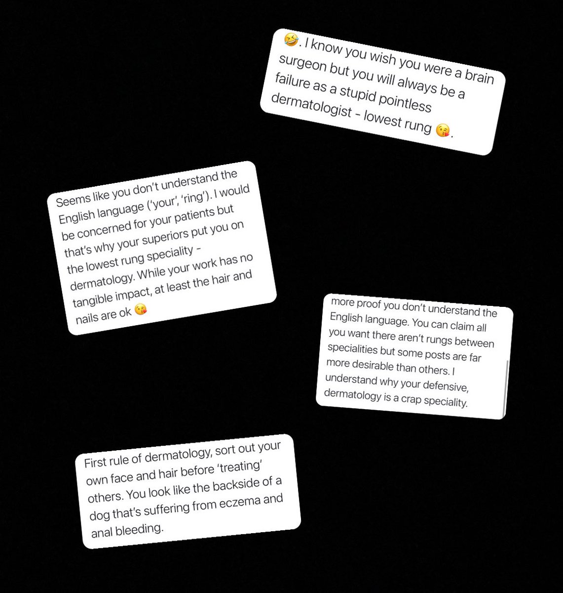 Playful jokes between  #medtwitter specialties are ok.Abuse is not. Here’s just some of the  #dermatology hate I’ve received recently.This abuse is just idiotic, but perhaps there’s a broader point about how we interact between specialties. THREAD/