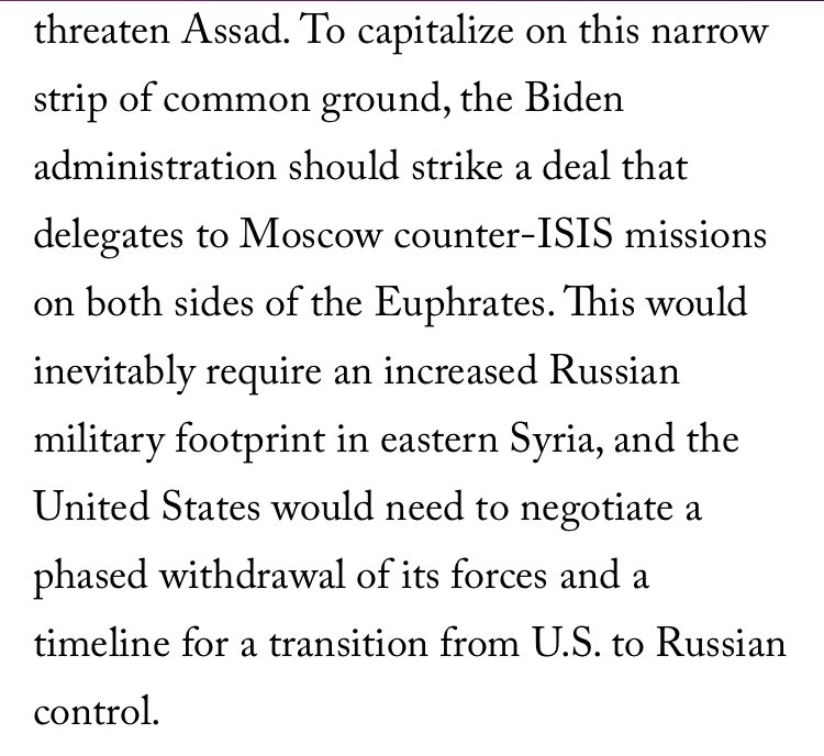 12/ Phasing US withdrawal to let RUS deal with ISIS ignores how little RUS has fought ISIS in Syria as well as the fact that the strategic significance of having US troops in NE Syria goes way beyond their c/ ISIS mission = it’s a much bigger leverage than what Ford suggests.