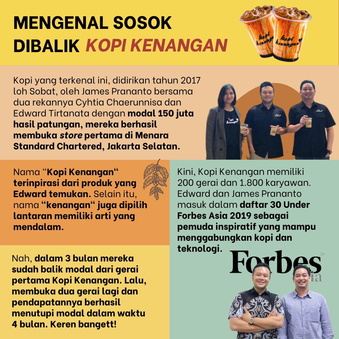 Wow... Kopi Kenangan masuk majalah Forbes!

Ternyata ini toh para pencipta Kopi Kenangan... keren! 

Hasil modal patungan, sekarang bisnisnya melejit. UMKM kopi terbaik 👍🏻