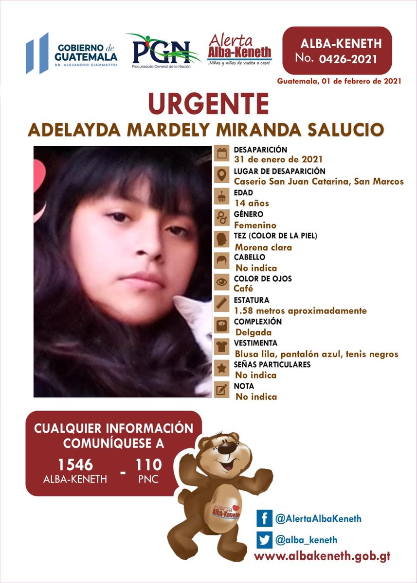 #AlertaAlbaKeneth ⚠ | Adelayda Mardely Miranda Salucio de 14 años de edad. Desapareció el 31 de Enero de 2021, en Caserio San Juan, Catarina, San Marcos.
 
🔄Comparte y ayúdanos con su localización
📞Si tienes información llama al 1546.