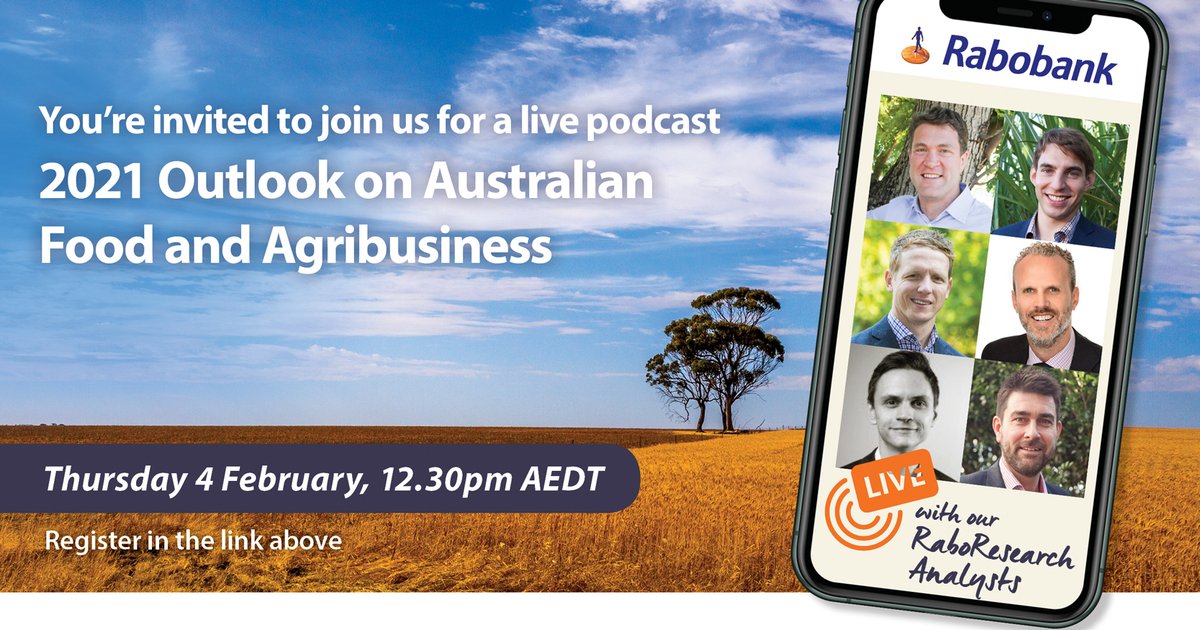 Join us this Thursday for a live podcast with our RaboResearch team who will share their 2021 outlook on Australian food &amp; agribusiness. rabobankaunz.eventsair.com/rabobank-webin…

<a href="/NationalFarmers/">National Farmers' Federation</a> <a href="/CottonAustralia/">Cotton Australia</a> <a href="/BeefAustralia/">Beef Australia</a> <a href="/nuffieldaust/">Nuffield Australia</a> @Wheat93 <a href="/FaceyGroup/">Facey Group</a> <a href="/LiebeGroup/">Liebe Group</a> @ASHEEP_Inc