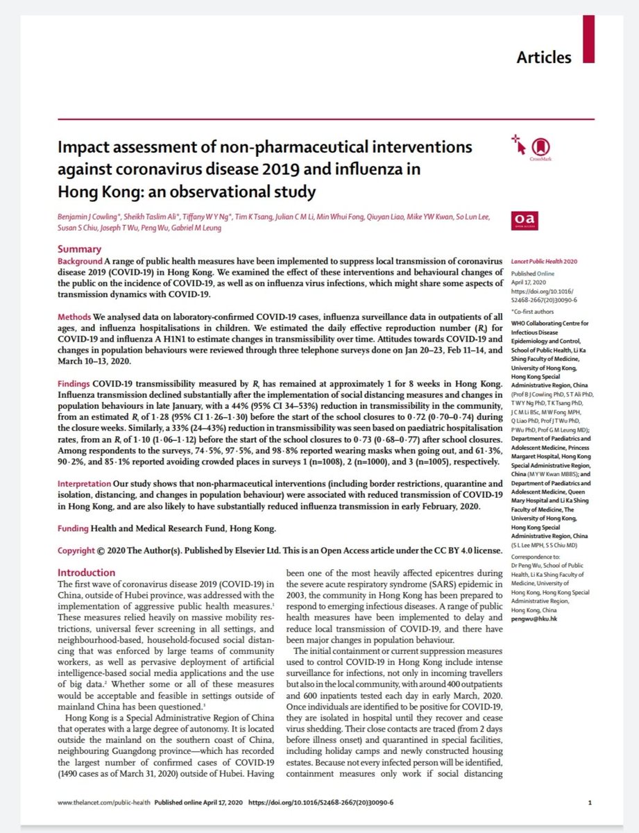 5. Non-pharmaceutical interventions (including wearing of masks) were associated with reduced transmission of COVID-19 in Hong Kong, and are also likely to have substantially reduced influenza transmission in early February, 2020...  https://www.thelancet.com/journals/lanpub/article/PIIS2468-2667(20)30090-6/fulltext