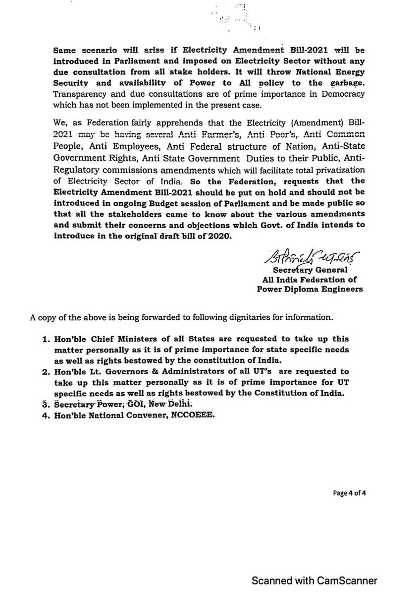 <a href="/narendramodi/">Narendra Modi</a> <a href="/nsitharaman/">Nirmala Sitharaman</a> <a href="/RajKSinghIndia/">R. K. Singh</a> <a href="/JoshiPralhad/">Pralhad Joshi</a> We strongly oppose the introduction of EA Bill-2021 in ongoing budget session of Parliament without even circulating it in public domain. #savepowersectorindia