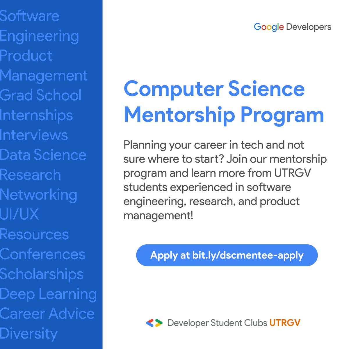 fronteradevsrgv's tweet photo. Planning your career in tech and not sure where to start? Sign up for our new mentorship program where you'll get career advice from UTRGV students experienced in product management, software engineering, research, and more! 🎉 Visit https://t.co/KdIGhBLPG8 to apply ✨ #dscutrgv https://t.co/wwn5SqlBLO