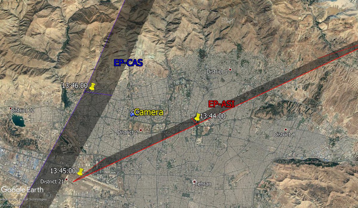 فوکر-۱۰۰ آسمان (EP-ASI) و ام دی ۸۳ کاسپین (EP-CAS). مسیر پروازی دو پرنده را نسبت به به موقعیت دوربین نشان می دهد. مقایسه ویدیو و مسیر فوکر آسمان نشان می دهد که شرق تر از آنی پرواز کرده است که در آن زمان در آن محل دیده شود.