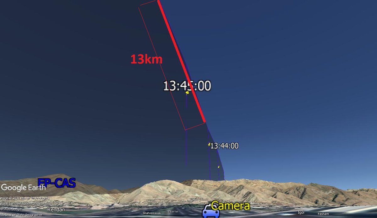 اما نکته مهمتر در رد فرض موشک پدافندی سرعت پرنده است. فاصله پیموده شده در یک دقیقه بین ۱۳:۴۴:۳۰ و ۱۳:۴۵:۳۰ در این تصویر که روی ویدیوی ضبط شده همپوشانی دارد، در ارتفاع ۱۰ کیلومتری حدود ۱۳ کیلومتر است که با سرعت ۲۰۵ متر برثانیه(۴۰۰ نات) هواپیمای کاسپین می خواند.