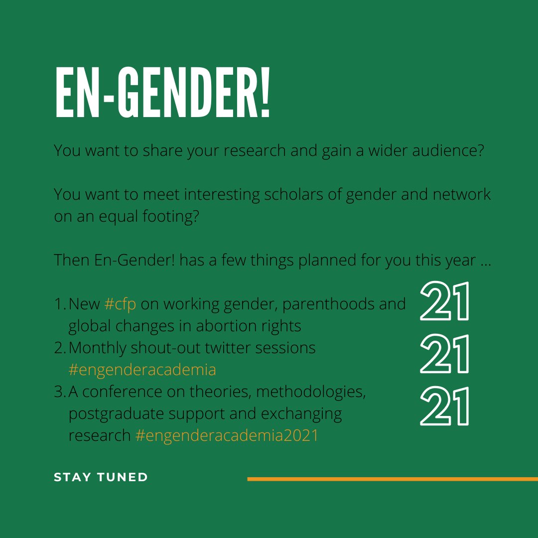 En-Gender! 2021 You want to share your research and gain a wider audience? You want to meet interesting scholars of #gender and #network on an equal footing? Then En-Gender! has a few things planned for you this year … (1/2)