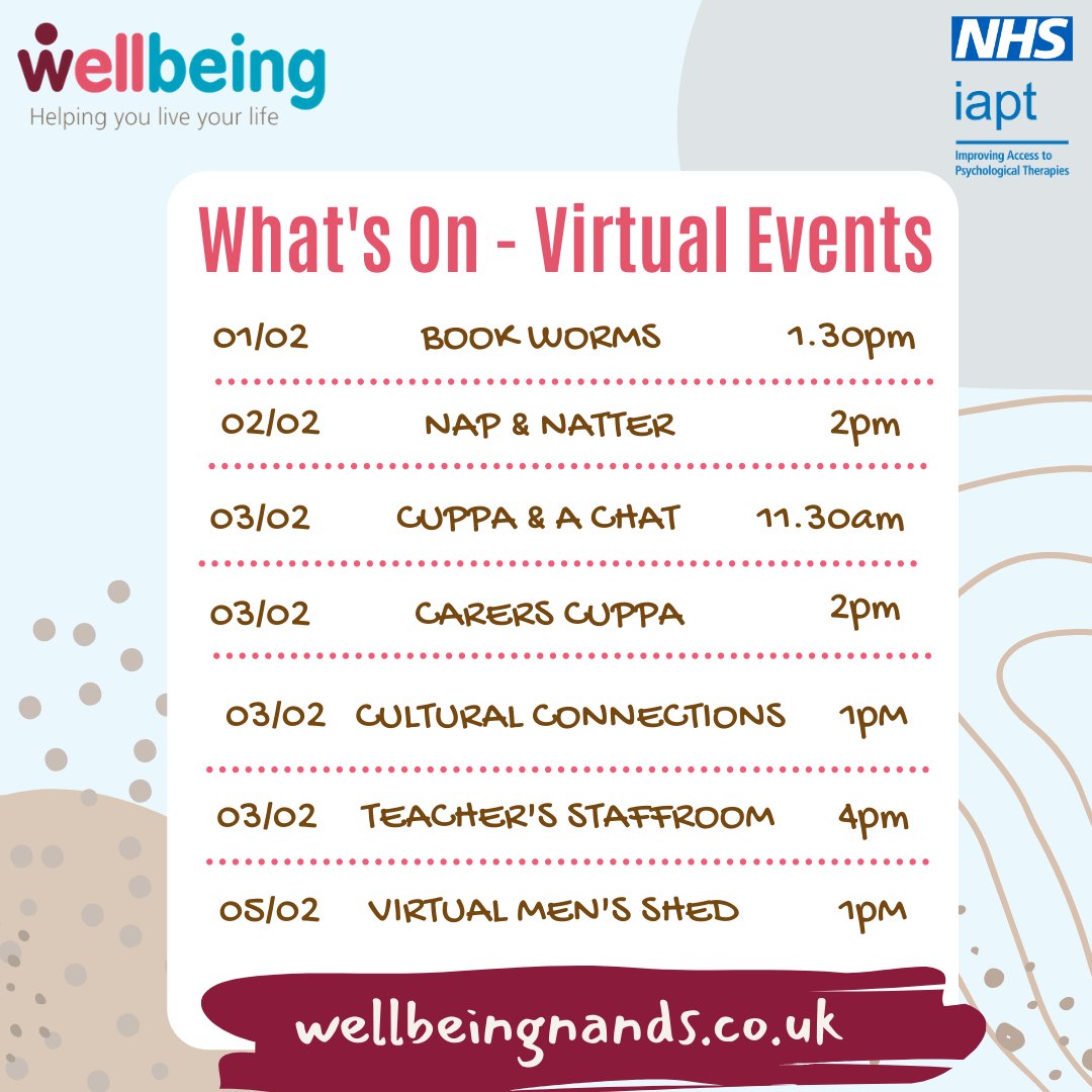 A quick reminder of the social events we have on this week ✨ It's not too late to get involved!

To join any of these free events, visit: wellbeingnands.co.uk/suffolk/social…